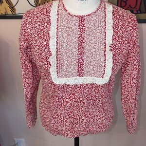 Red Floral Long Sleeve Blouse with Lace Detail